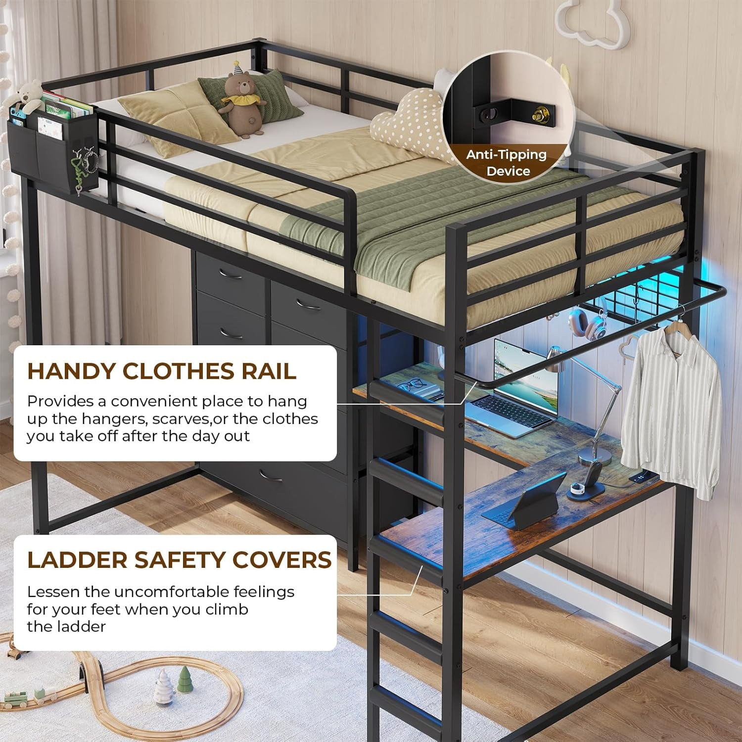Mabor Loft Bed Twin Size with L-Shaped Desk & Charging Station Twin Metal Loft Bed with LED Lights & 7 Drawers & Clothes Rail for Bedroom, No Box Spring Needed, Black