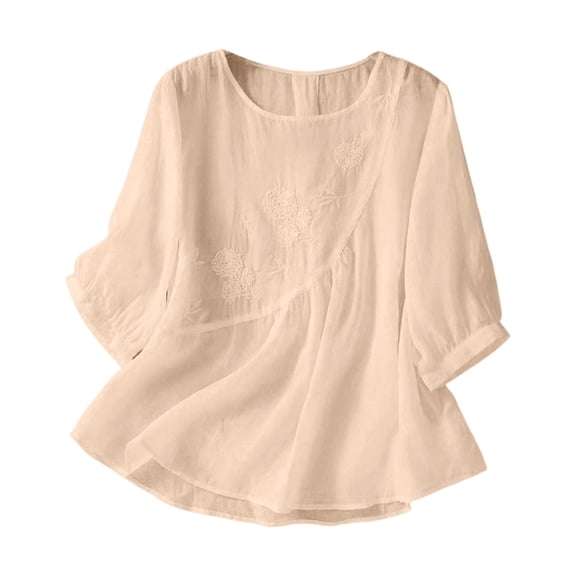 Business Casual Tops for Women 3/4 Sleeve Cotton Linen Shirts For 2025 Summer Retro Embroidered Tops Casual Trendy Vacation Blouse Cute Summer Tops1 PC