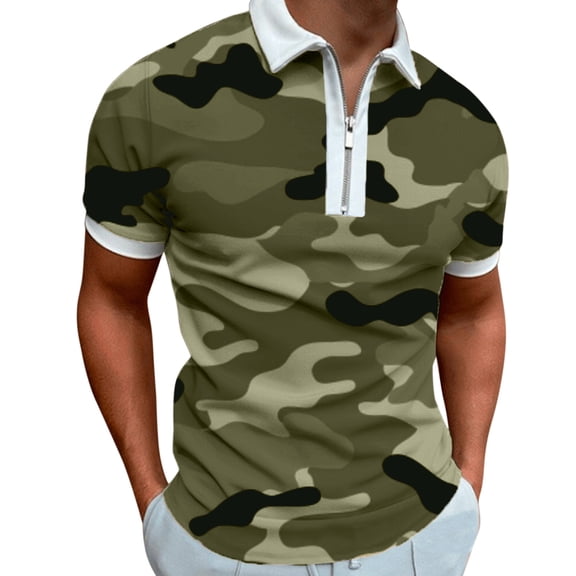 Mens Camo Polo Shirts Quick Dry Crew Neck Short Sleeve Workout Crew Neck Pullover Tops Lightweight Green XXXL