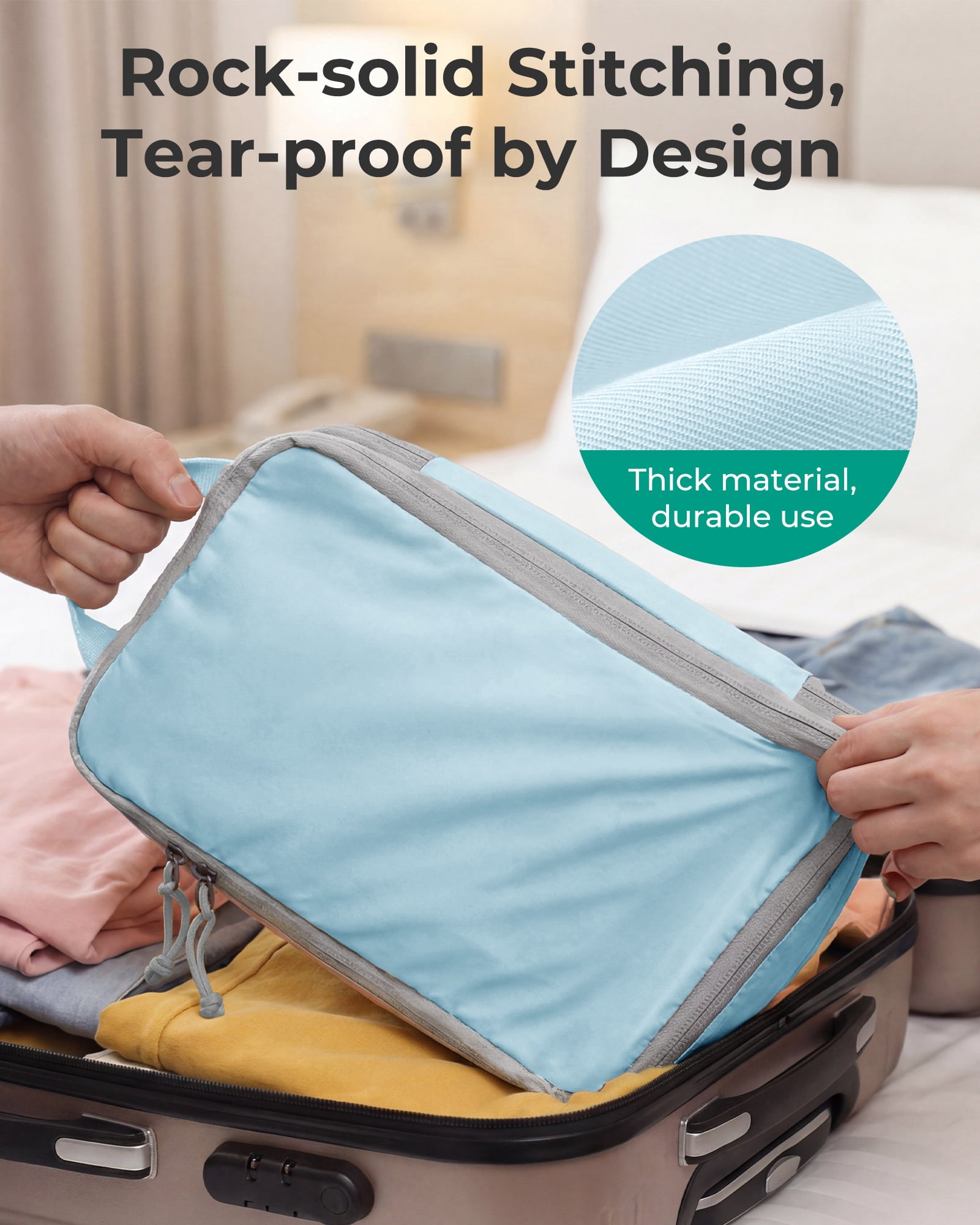 BAGSMART Compression Packing Cubes for Travel Luggage, 6 Pcs Expandable Packing Organizers Foldable Lightweight Suitcase Storage Bags for Travel Accessories, Women Men, Light Blue
