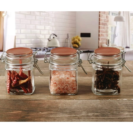 Hermetic Jar (Circleware 67189 Mini Square Glass Spice Jar with Copper Swing Top Hermetic Airtight Locking Lid, Set of 3 Kitchen Himalayan Seasoning Glassware Food Preserving Storage Containers 6.76 oz)