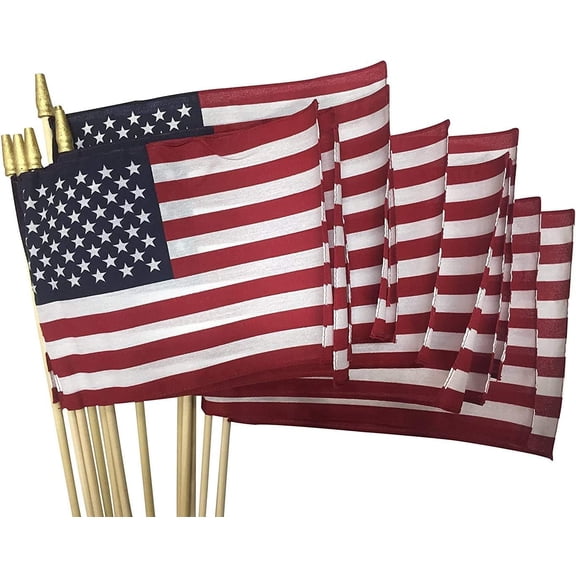 12-Pack, Super Tough US Stick Flag 12"x18" 30" x 3/8" No Fray -US Made