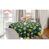 Fruit Round Tablecloth, Repetitive Lemons and Flowers Cartoon Print, Circle Table Cloth Cover for Dining Room Kitchen Decor, 60", Petrol Blue Yellow, by Ambesonne