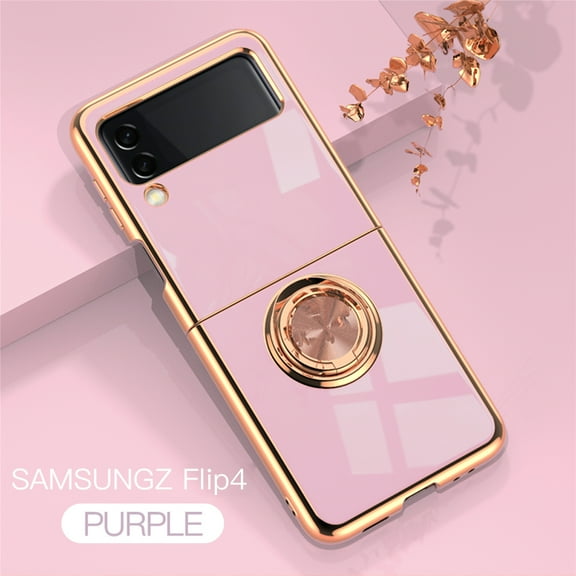 Electroplated Case for Samsung Galaxy Z Flip 4 5G, Slim Thin Light Plating Frame Rotatable Metal Ring Holder Bracket Cover with Magnetic Car Mount Rugged Shockproof Anti-Scratches Case,Lightpurple