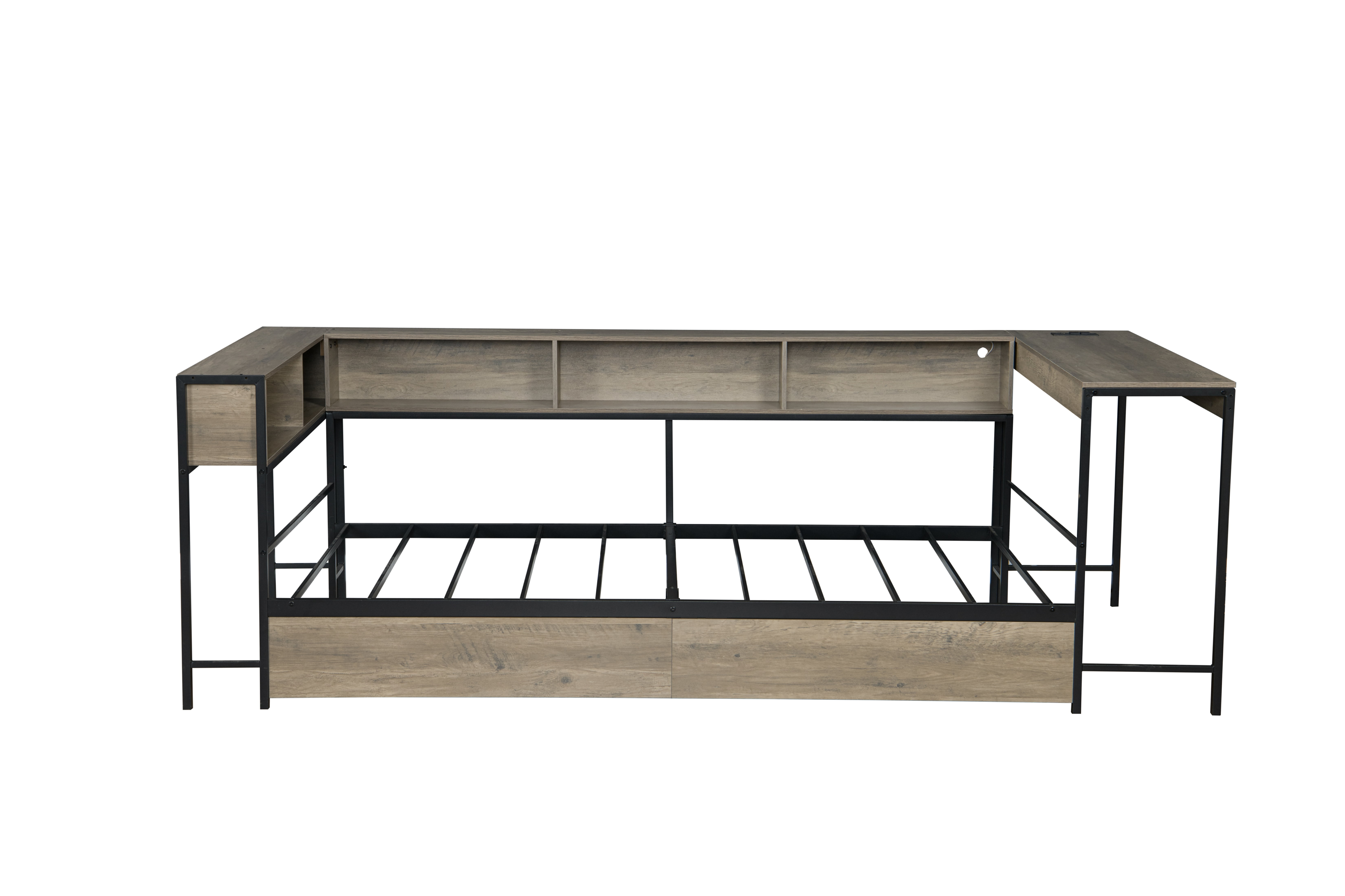 Yoneston Twin Corner Bed Frame with Bookcase Storage and Lights & Charging, Reversible Daybed with 2 Drawers & Integrated Desk for Bedroom, Grey