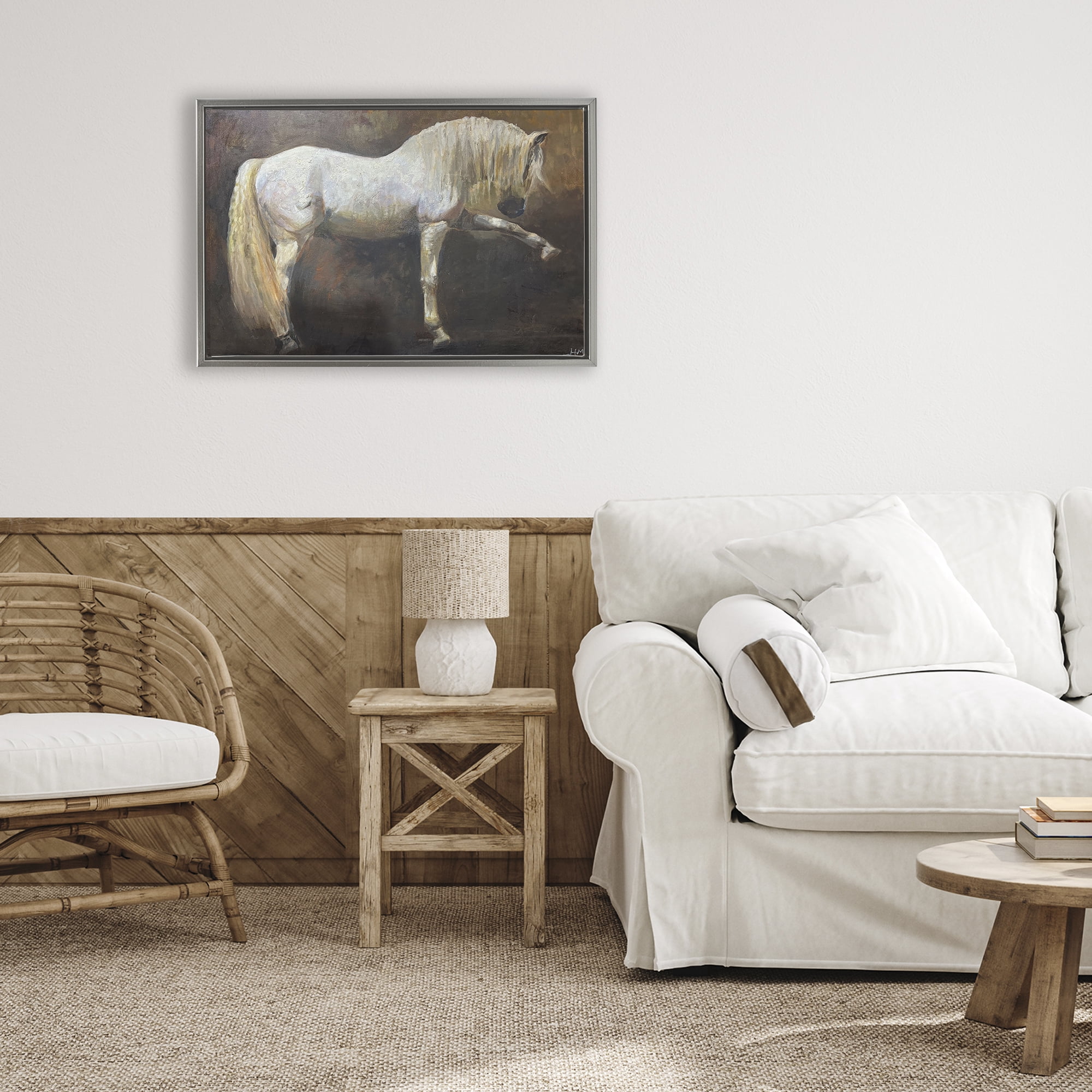 Stupell Industries Elegant White Stallion in Motion Gray Framed Floater Canvas Wall Art, design by Hilary McCarthy