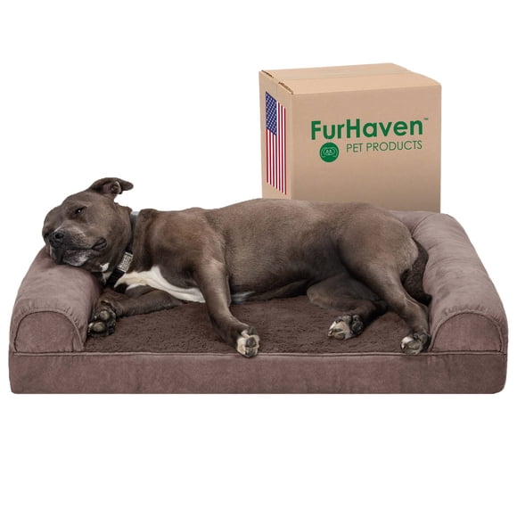 Furhaven Orthopedic Dog Bed for Large/Medium Dogs w/Removable Bolsters & Washable Cover, for Dogs Up to 55 lbs - Faux Fur & Velvet Sofa - Driftwood B
