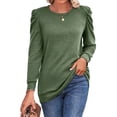 thumbnail image 1 of Top de manga larga con hombros plisados, cuello redondo, color puro, corte holgado, jersey informal para mujer para otoño invierno, verde M, 1 of 6