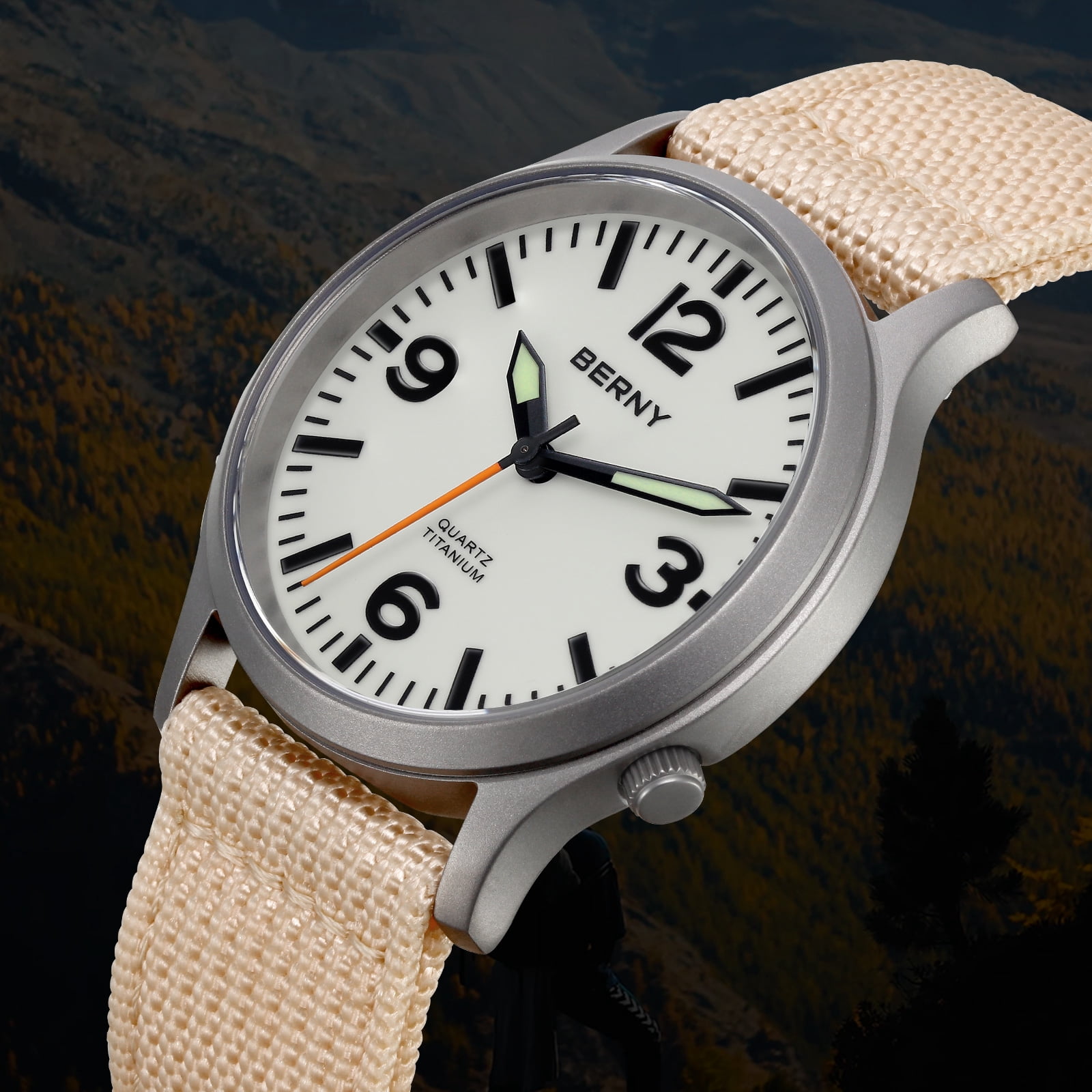 BERNY Watches for Men Military Sport Nylon Strap Titanium Field Watch with Sapphire Crystal Luminous Fashion Analog Quartz Watch Easy to Read 50M Waterproof Army Tactical Casual Wristwatch (White)
