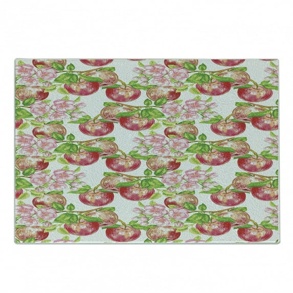 Victorian Cutting Board, Apple Tree in Summer Time with Flowers Nature Scenery Cultural Art Print, Decorative Tempered Glass Cutting and Serving Board, Small Size, Red White Green, by Ambesonne