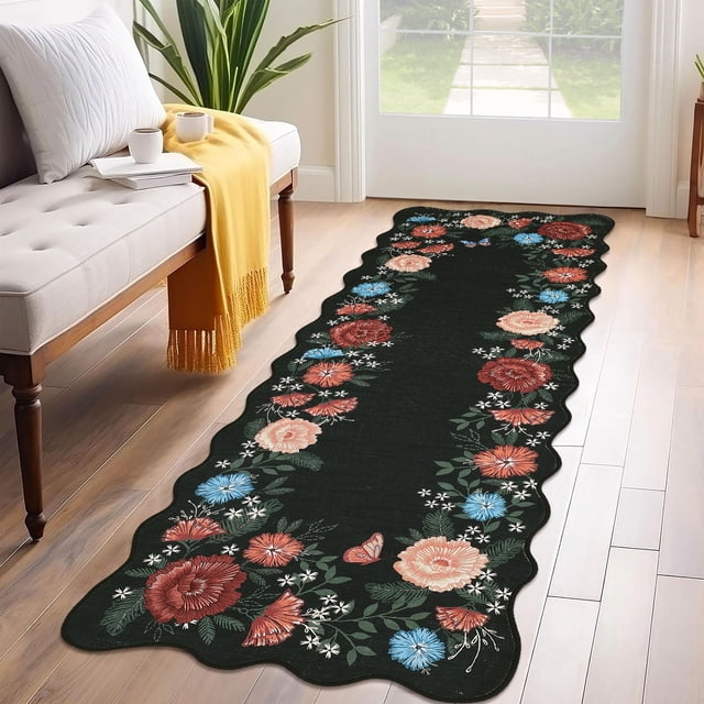 Gaderth 2x6 Washable Runner Rug For Living Room, Modern Scalloped Floral Border Rug With Non Slip Backing, Stain Resistant Low Pile Foldable Boho Carpet For Bedroom Dining Room Nursery Home Office