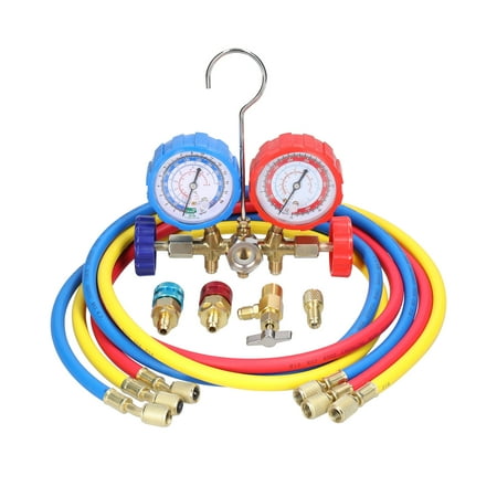 

Manifold Gauge Set Air Conditioning Refrigerant Charging Tool Brass Dual-Valve Pressure Gauge with 5ft Hose Quick Coupler Adapters for R12R22R134aR502 Refrigerant