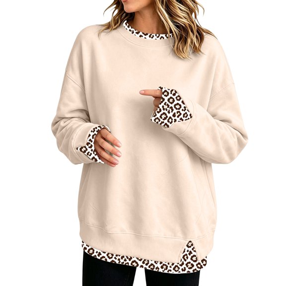 Ljudmp Women's Crew Neck Sweatshirts Long Sleeve Oversized Sweatshirt Leopard Print Layered Drop Shoulder Pullover Sportswear Beige L