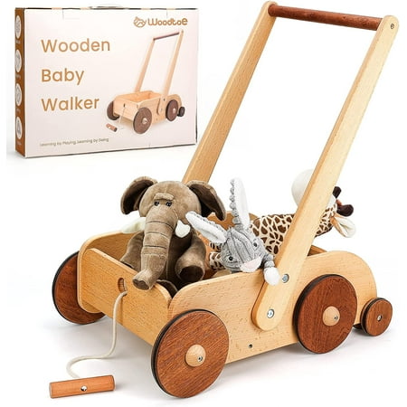 Woodtoe Wooden Baby Walker, Adjustable Speed Anti-Rollover Push Walker Toy for Babies Learning to Walk, Natural Wood Toddler Push and Pull Baby Walker Wagon Gift for Boy Girl 1 2 3(Patent Protection)