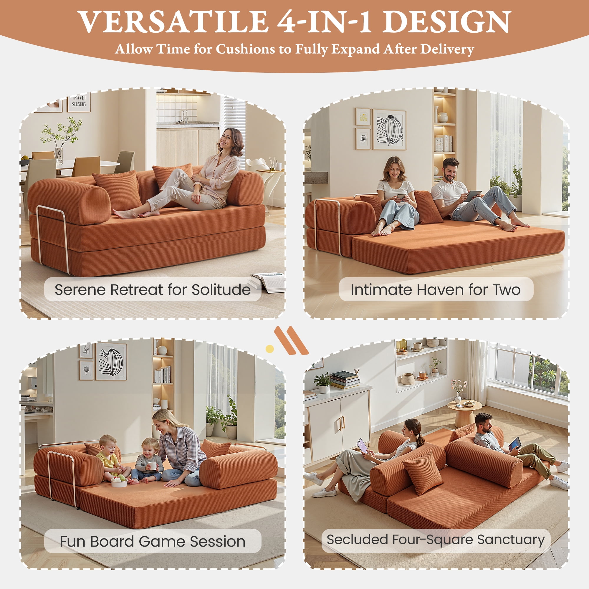 COOLHUT 78.7" W Combination Sofa, High Rebound Density Foam Sofa Couch, Two Forms Floor Couch Three Seats Sofa Bed for Living Room, Bedroom, Pumpkin Brown
