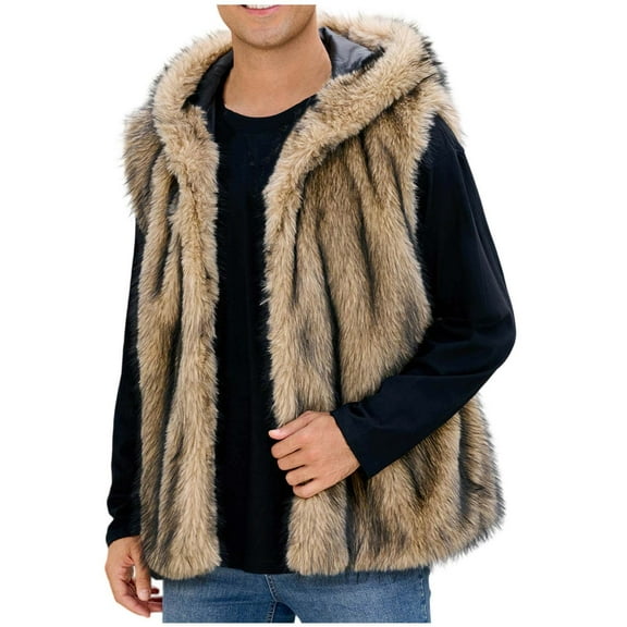 ZQUUVOU Men's Sleeveless Faux Fur Jacket with Hood Plush Textured for Fashion Layering Luxury Winter Ouerwear Khaki B