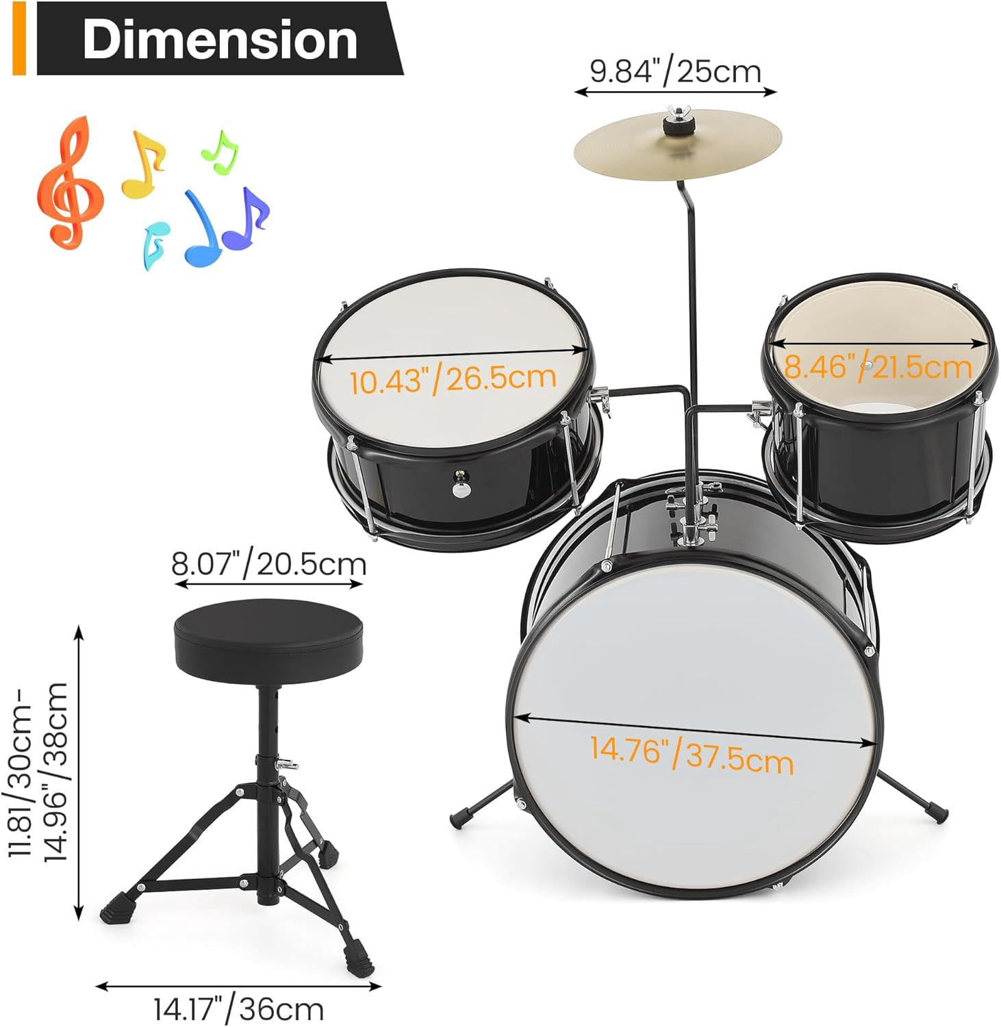 Huisuilinss 3 Piece Kids Drum Set with Cymbal, Beginner Junior Drum Sets with 14.76'' Bass Drum, Tom, Pedal, Drumsticks, Adjustable Seat, Drumset for Junior Boys and Girls