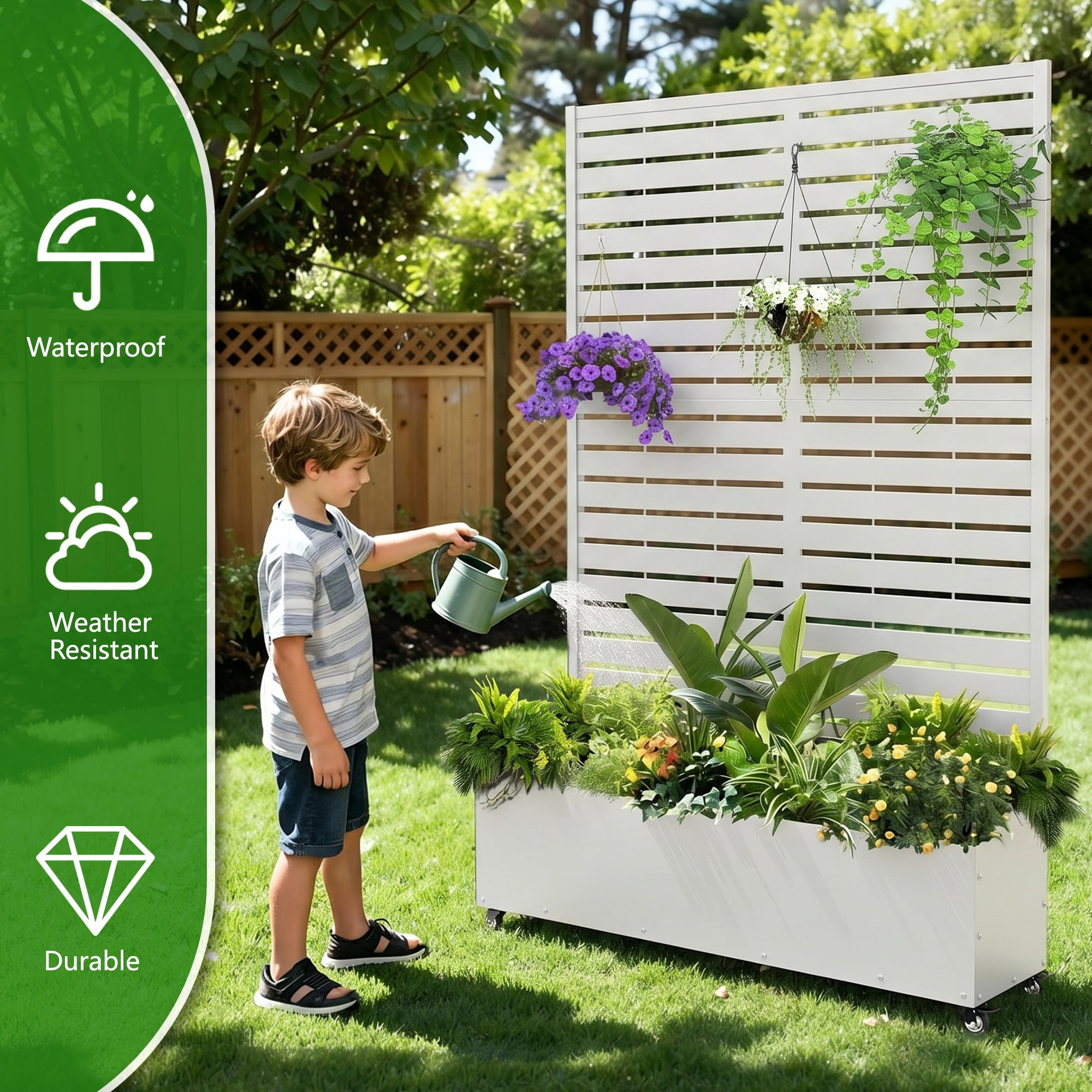 FOOWIN 71" H Metal Planter with Trellis and Wheels  Set of 2, Outdoor Raised Garden Bed for Climbing Plants, Trellis Planter Box with Drainage Hole, White