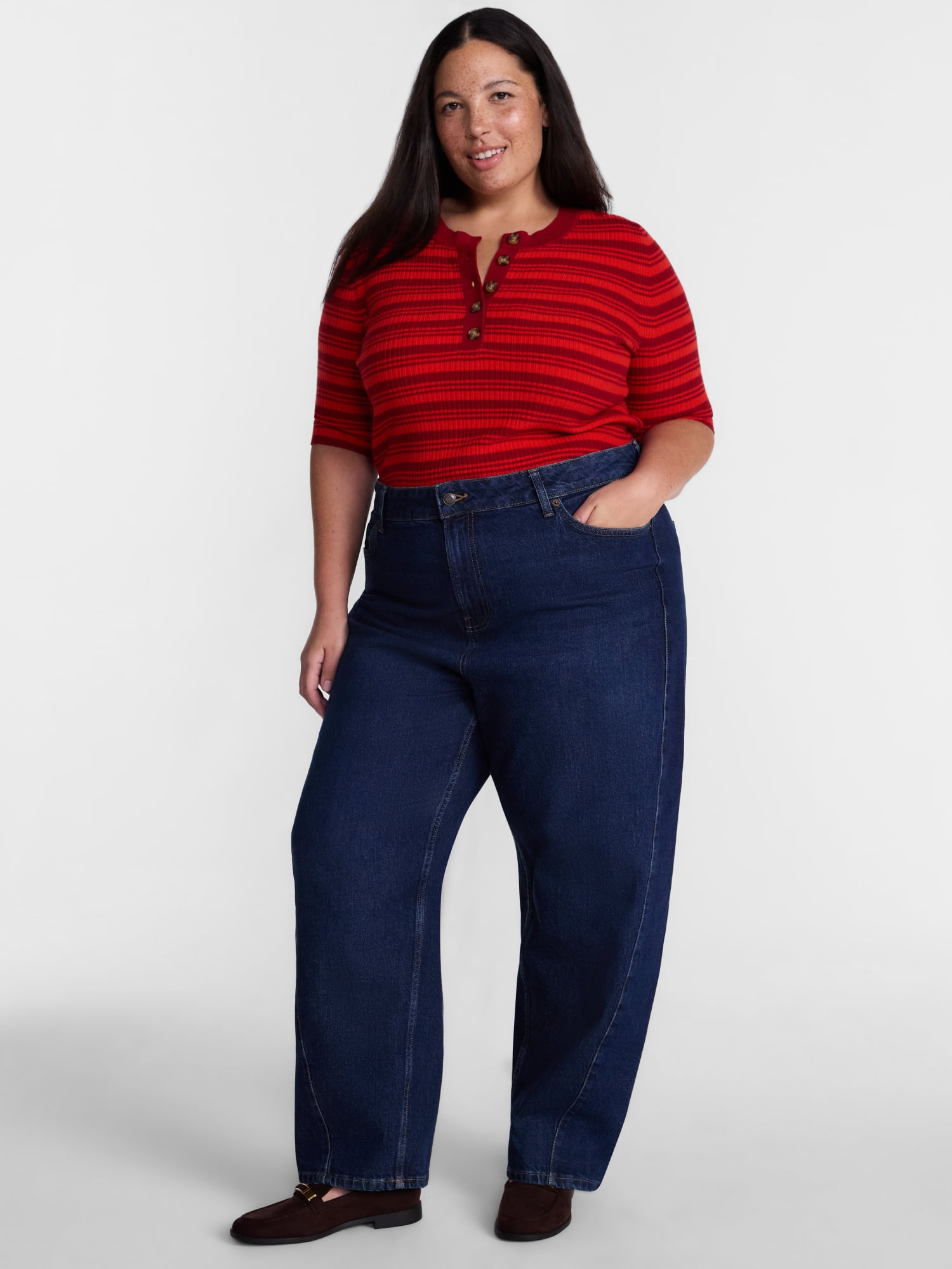 Terra & Sky Women's Plus Ribbed Henley Sweater Top with Elbow Length Sleeves, Sizes 0X-5X