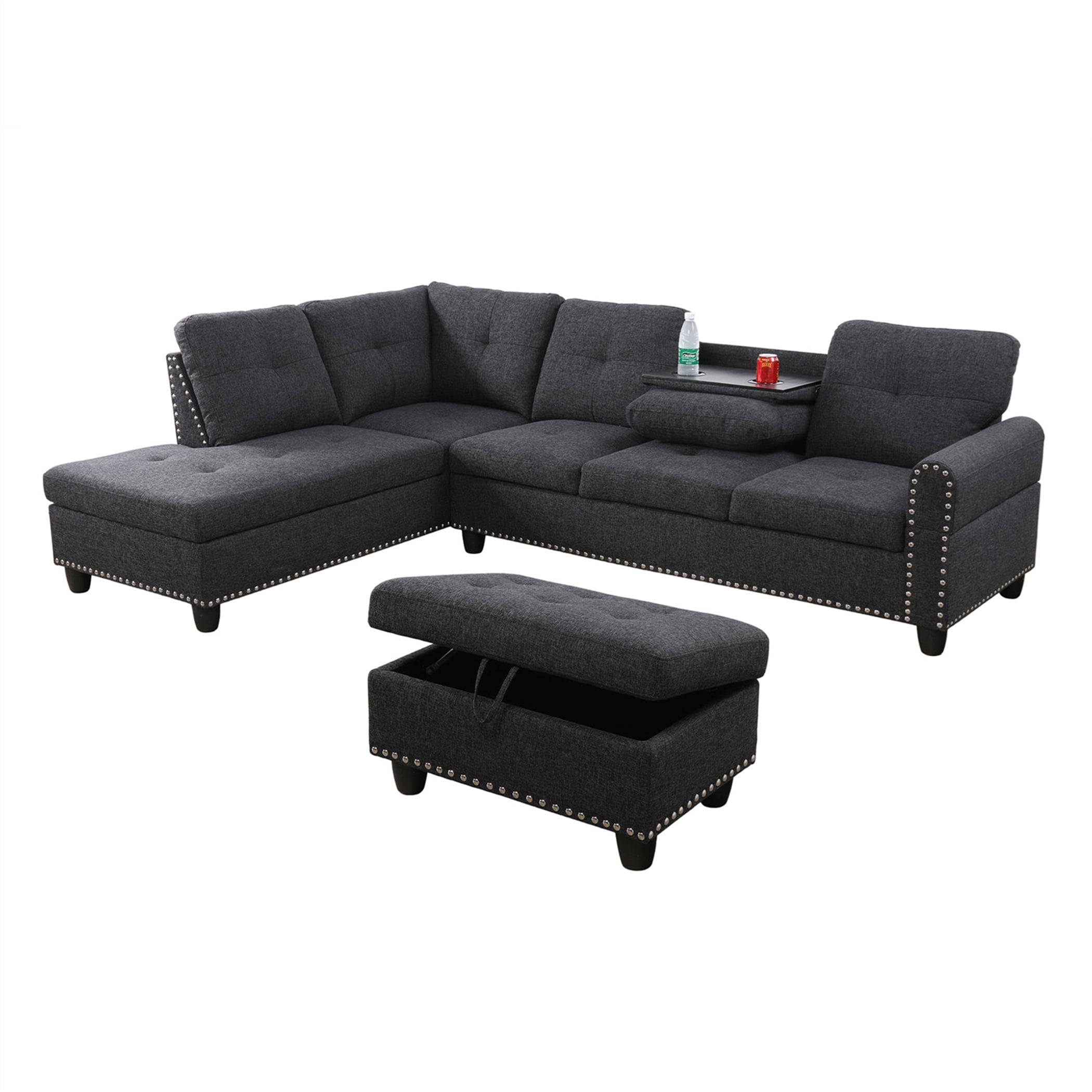 Aukfa 3 Piece Sofa Set, L shape Sectional Couch with Storage Ottoman&Cup Holder, Linen, Left Hand, Black Gray