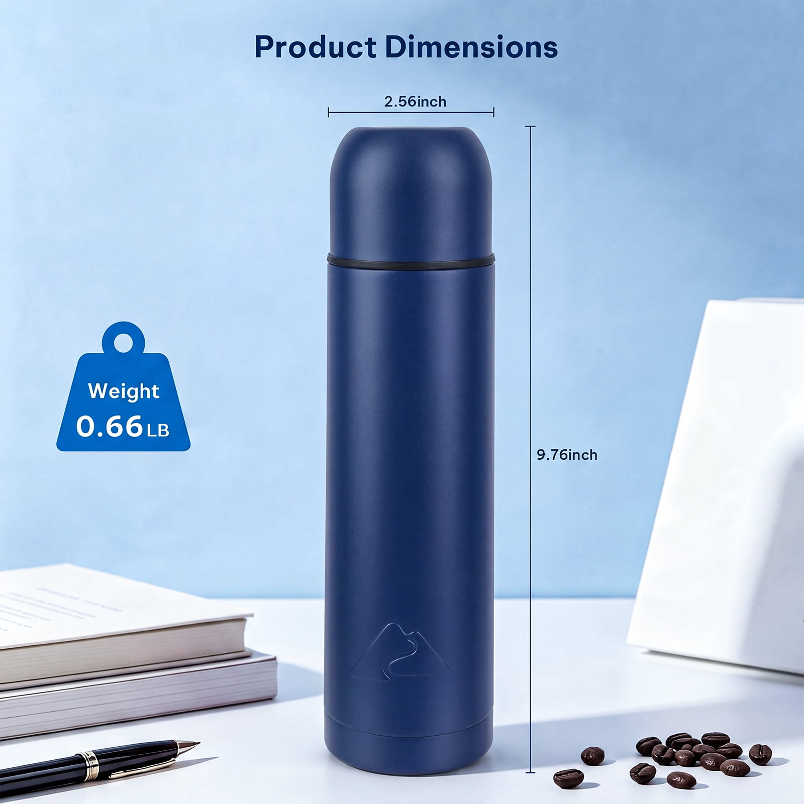 Ozark Trail 18oz Vacuum Insulated Stainless Steel Double Wall Thermal Water Bottle with Cup ,Navy Blue