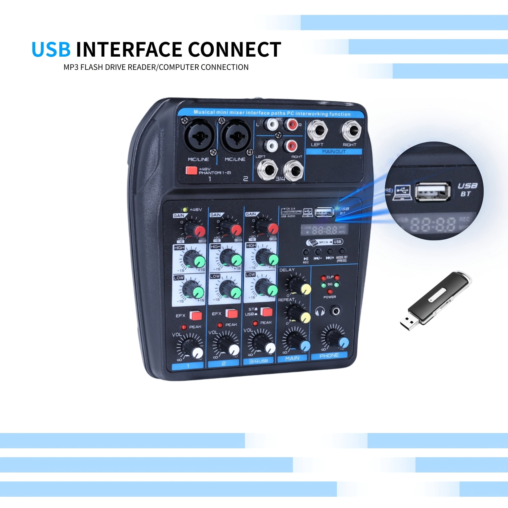 Professional 4 Channel Mini DJ Audio Mixer, Portable Channel Mixer with Multiple Interfaces, Compatible with Pcs, Suitable for Recording, Live Streaming, Easter Parties