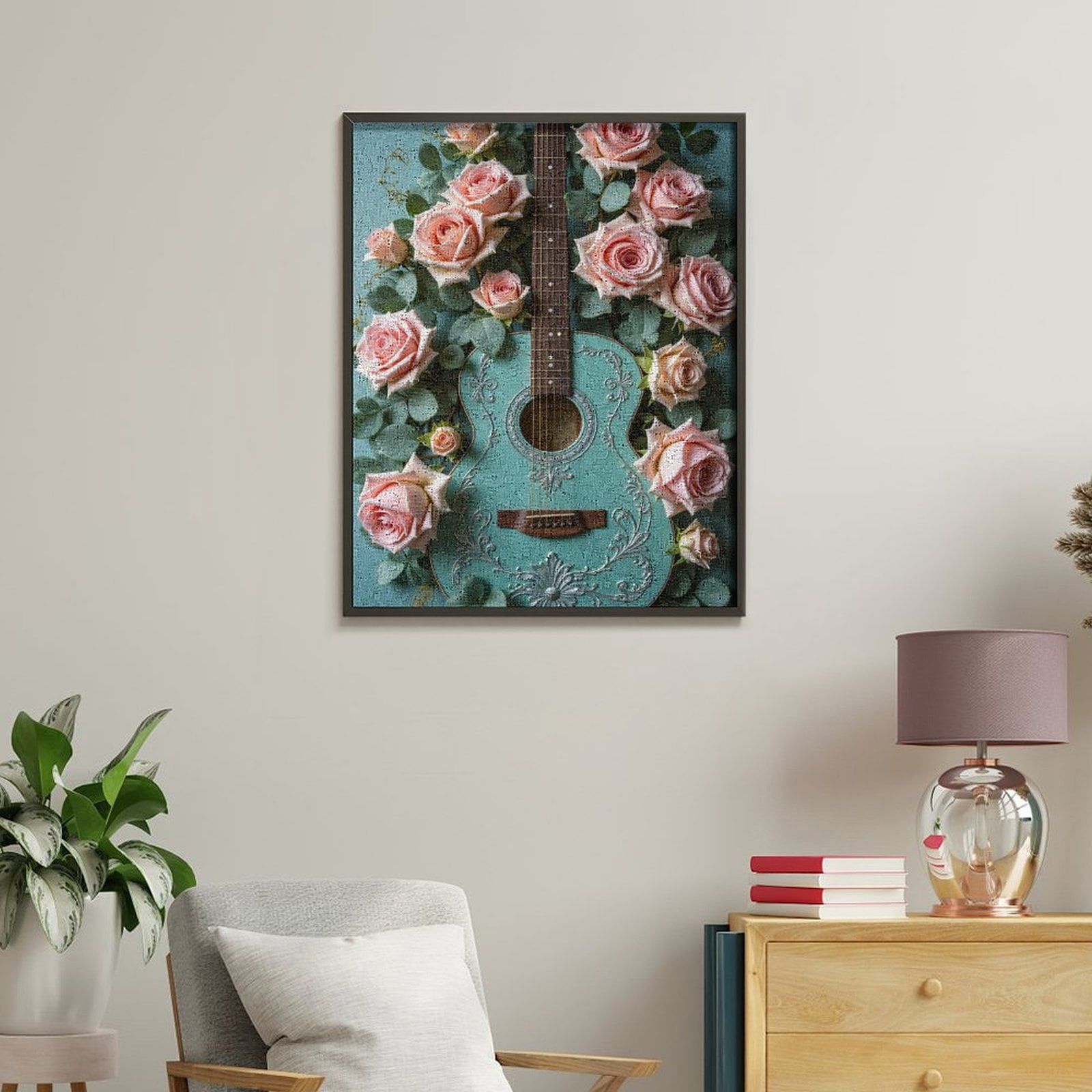 Paint By Numbers Kit for Adults Beginner - DIY Guitar Pink Roses Floral Art Canvas Painting Kits for Adults, Frameless Paint By Number for Adults for Home Wall Decor 16x20 Inch