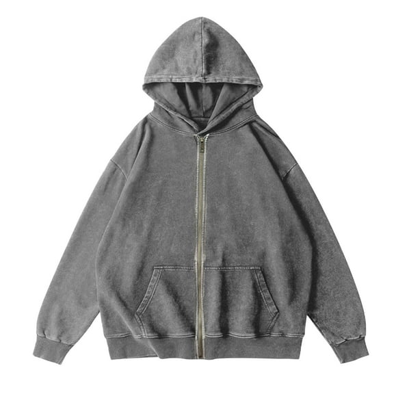 Fashion YLSDY Men's Zip-Up Hoodies Solid Hip-Hop Y2K Oversize Wash Old Vintage Basic Hoodies Heavyweight Casual Fit Sweatshirt Gray XL