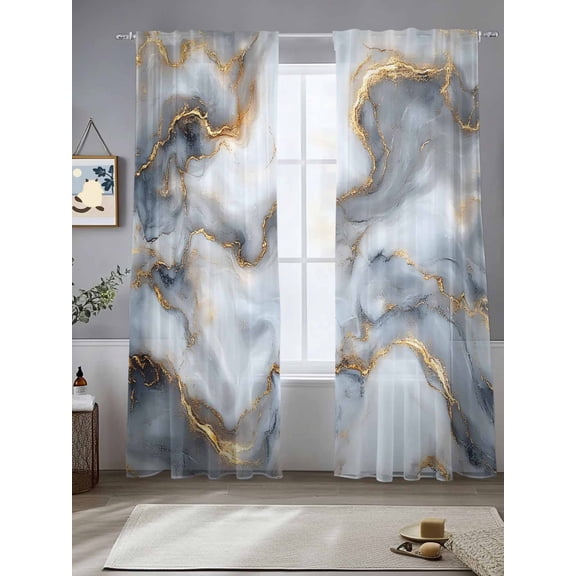 Modern Impressionist Sheer Curtains 96 Inches Long 2 Panels Abstract Gary Gold Marble Texture Light Filtering Semi Sheer Window Curtains Drapes for Bedroom Living Room 52"x96"