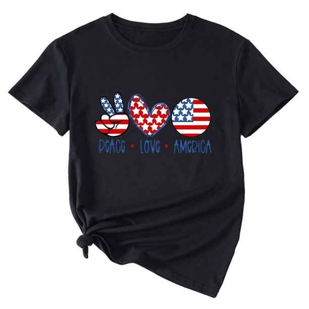 Gibobby Playera de Manga Corta con Cuello Redondo Camiseta manga corta verano para mujer con estampado del Día la Independencia y diseño personalidad(Negro,CH)