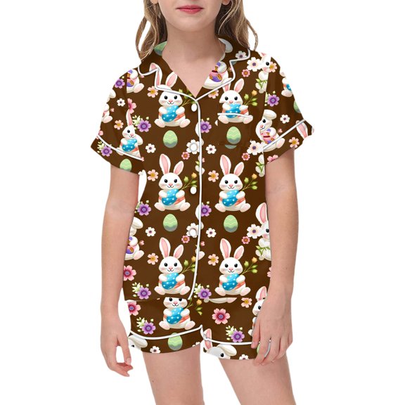 FINALGANG Girls Kids Two Piece Easter Homewear Set Bunny Rainbow Print Short Sleeve Button Down Shirt Matching Loose Fit Shorts For Home Relaxation Leisure Outfit