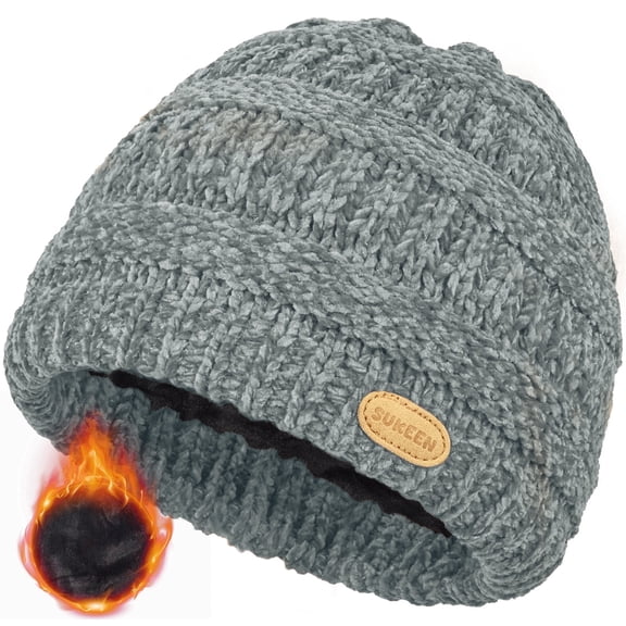 Kids Winter Lined Beanie Chenille Knit Winter Hat for Girls Boys Toddlers, Ages 3-8, Gray