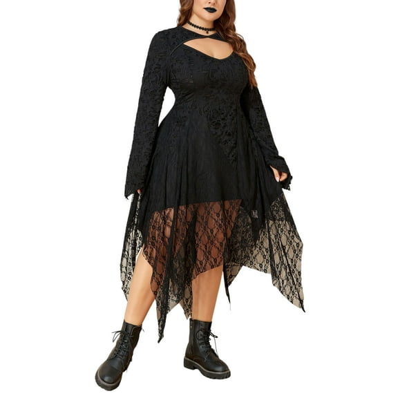 JustVH Women's Plus Gothic Punk Lace Hollow Retro Sheer Irregular Dresses