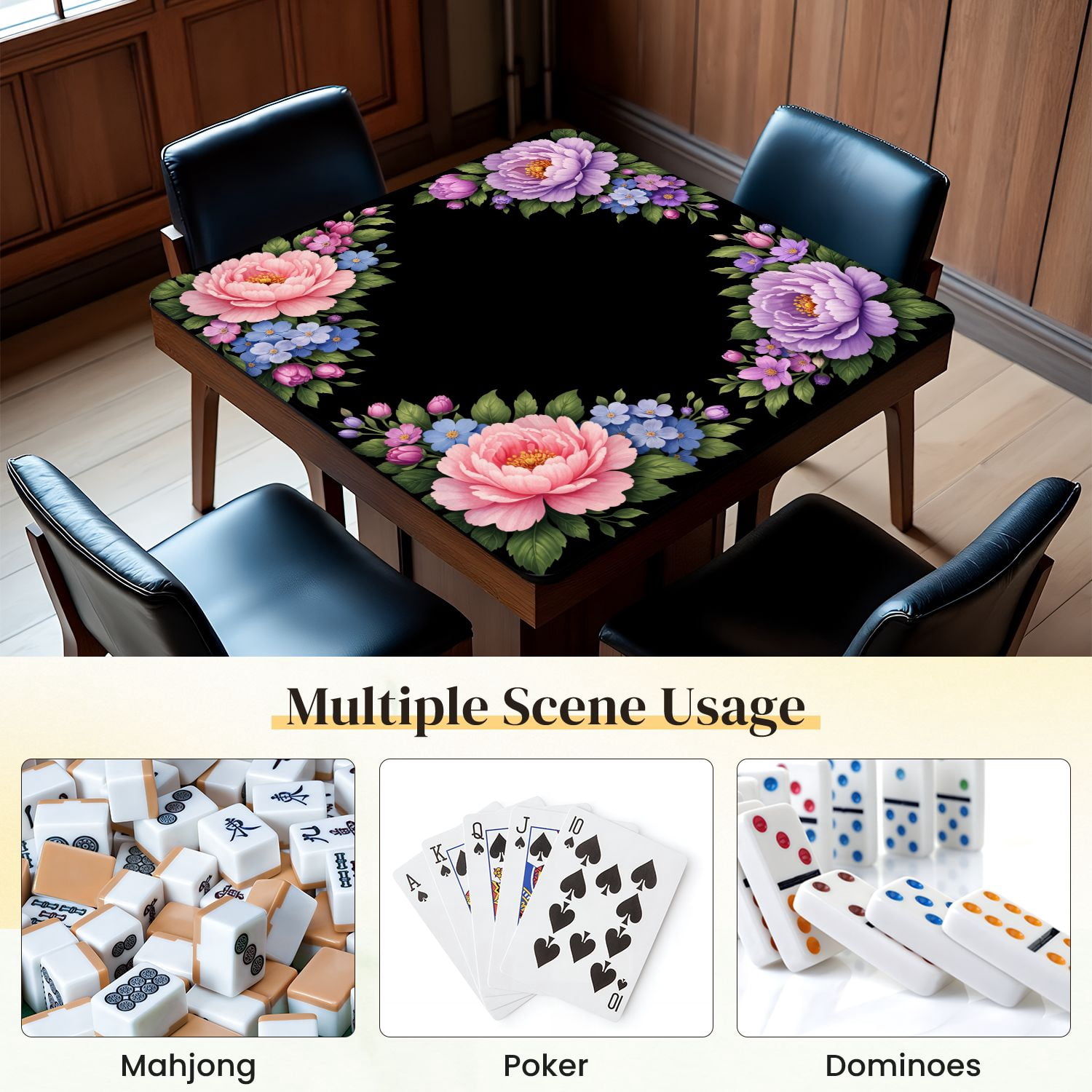 Mahjong Mat 31.5" x 31.5" Floral Corner Frame Pink Purple Peonies Blue Purple Flowers Green Non-Slip Noise Reduction Mahjong Tiles Table Cover for Dominoes Poker Card Board and Tile Games