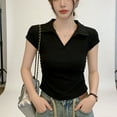 thumbnail image 4 of LNWUY Womens Short Sleeve Business Casual Tops Solid Color Slim Fit V Neck Dressy Blouses Trendy Style Collared Shirt Tees Black M, 4 of 5