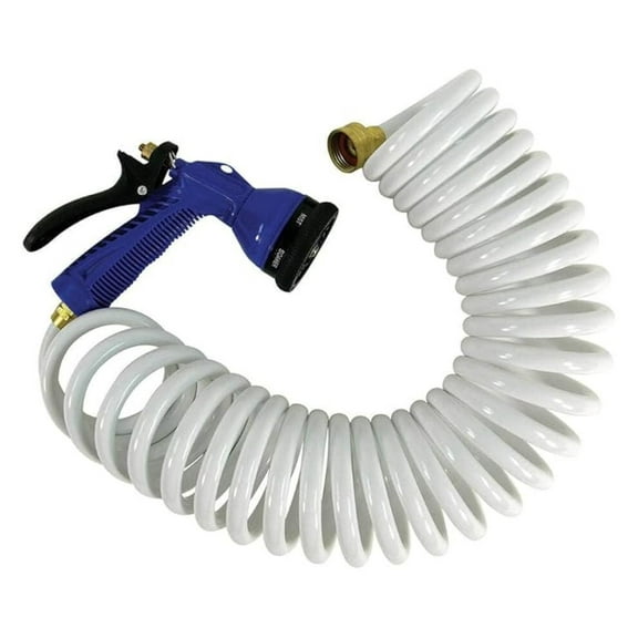 25ft White Coiled Garden Hose with Adjustable Nozzle - Expandable Water Hose for Lawn, Garden, Car Washing - Durable & Leakproof Outdoor Hose