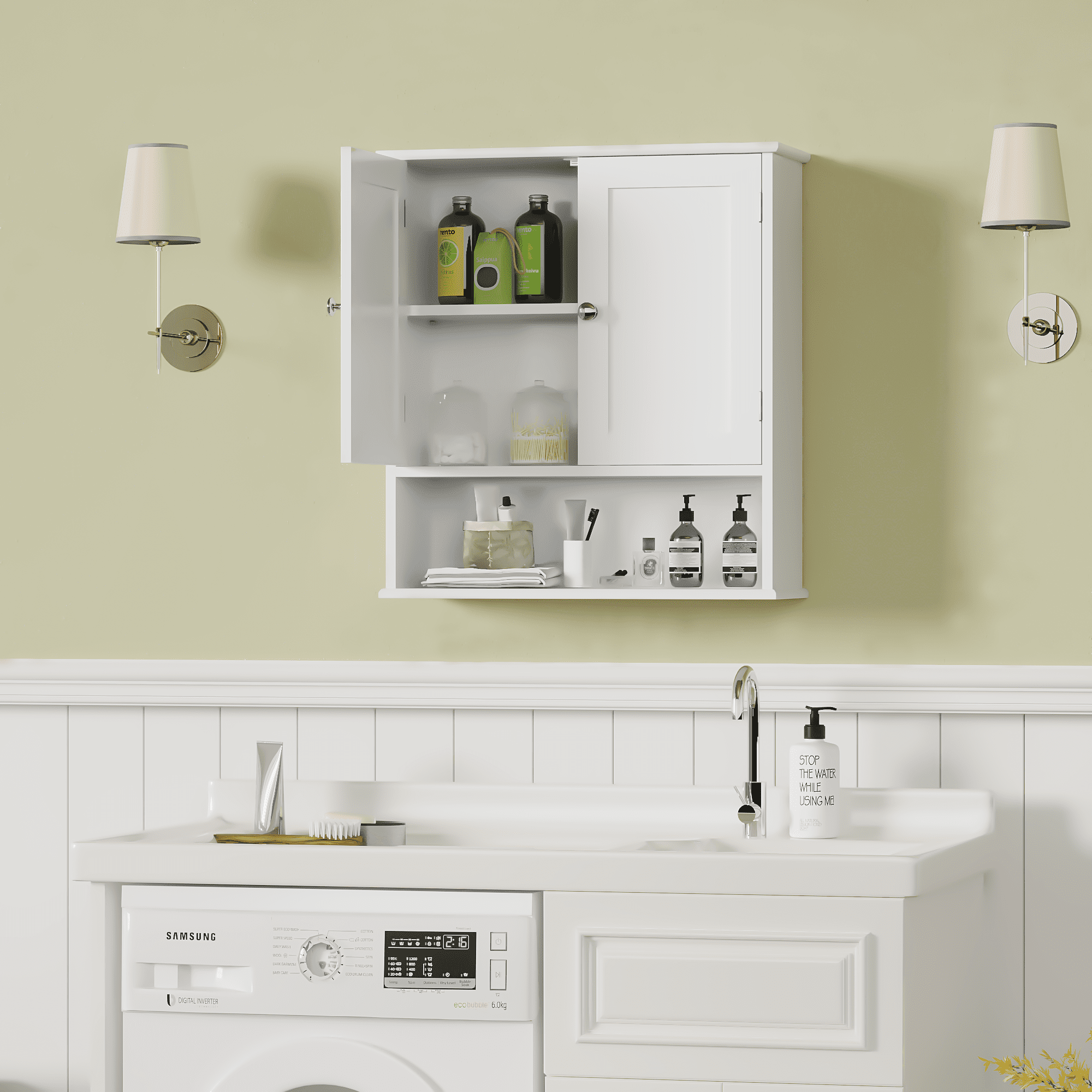 White MDF Wall Mounted Bathroom Cabinet with Door and Adjustable Shelves, 3-Tier Over Toilet Storage, 23.6 x 7.9 x 25.6 in
