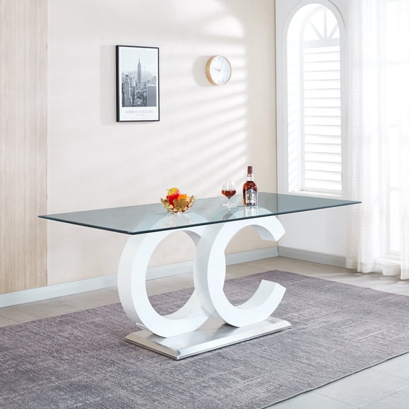 70" Modern Glass Dining Table for 6, Rectangular Tempered Glass Top & OC Shape Glossy Wood Frame & Metal Base for Dining Room, Home Office, Meeting