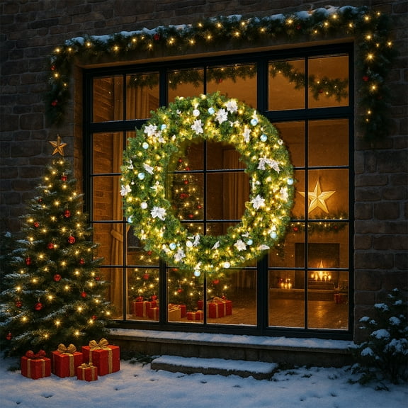 UBesGoo 60in LED Christmas Wreath, Illuminated Artificial Holiday Garland for Door and Wall Decor