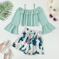 thumbnail image 2 of Kucnuzki 9 Years Big Girls Summer Clothes 10 Years Youth Child Kids Outfits Ruffle Long Sleeves Off the Shoulder Crop Top Bow Floral Shorts Sets 2pcs Clothing Green, 2 of 8