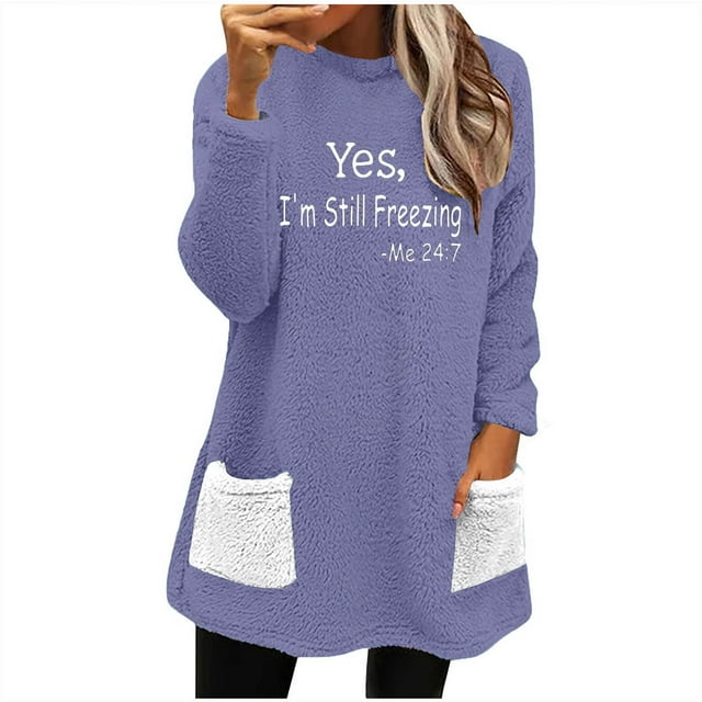 Penkiiy Chandails en Molleton Doublés Sherpa pour Femmes Col Rond Chandail Molletonné Chaud d'Hiver avec Poches 2024 S Violet