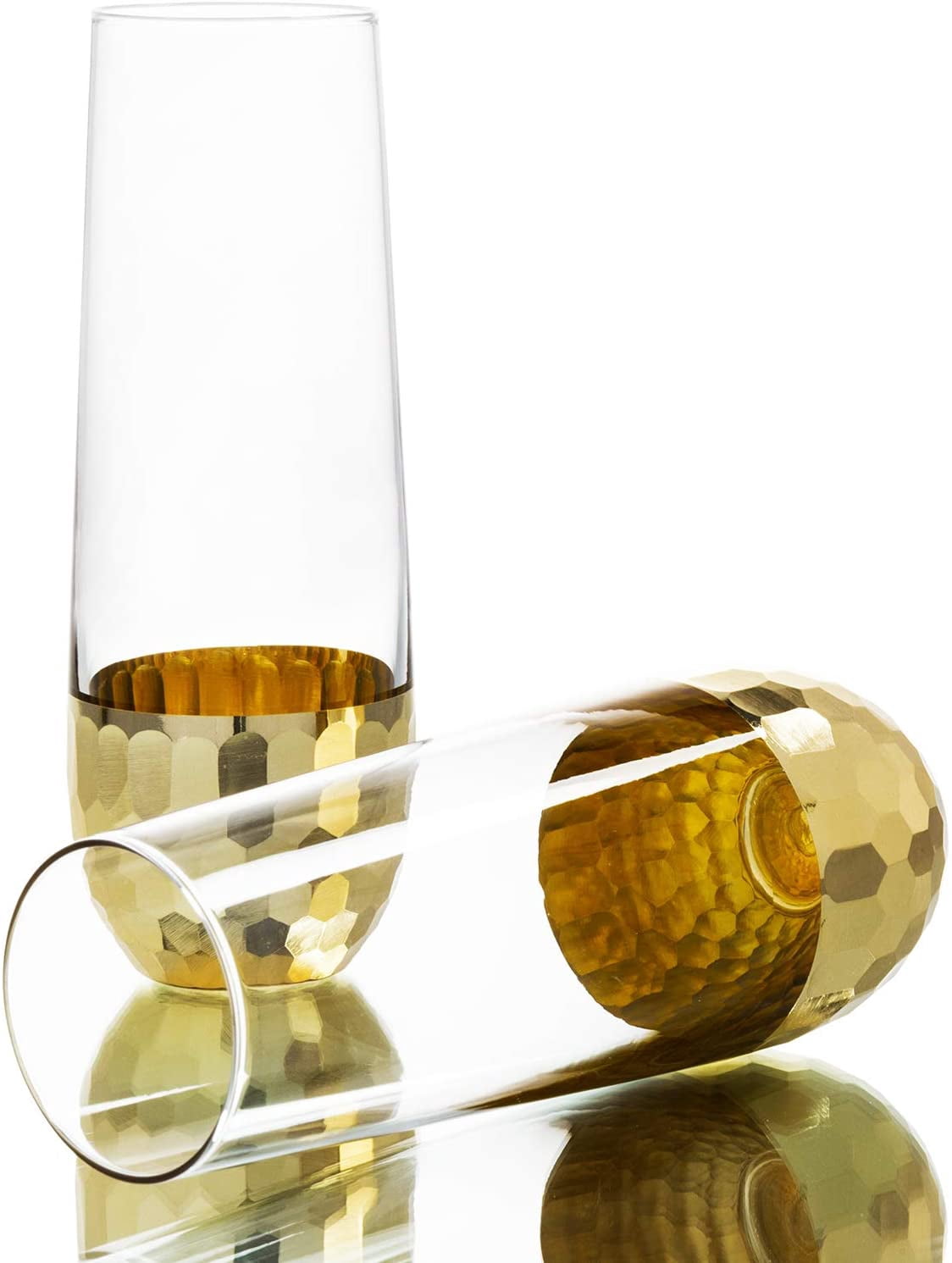 MyGift Clear Stemless Champagne Flute Glasses with Hammered Brass Plated Bottoms, Set of 4