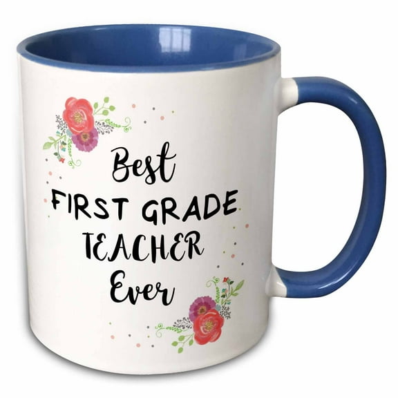 3drose, Floral Best First Grade Teacher Ever Pretty Watercolor Pink Flowers, 11oz Two-tone Blue Mug