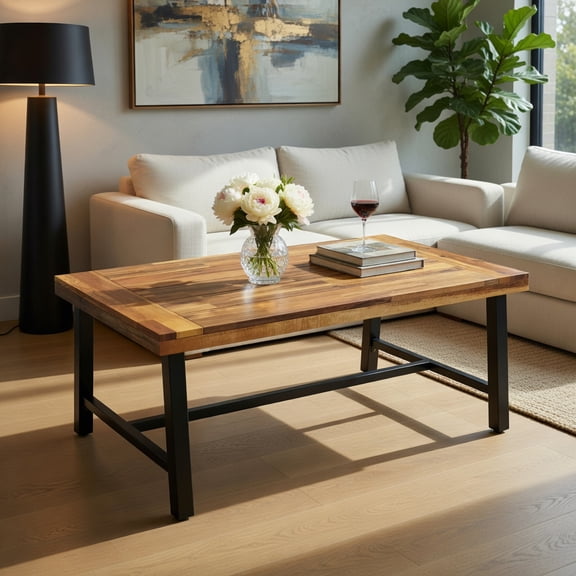 GVN Outdoor Coffee Tables,Patio Center Tables,Acacia Wood Coffee Table with Thickened Top and Heavy-duty Metal Legs