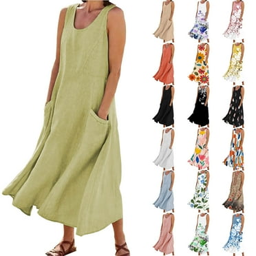 YOTAMI Summer Dresses for Women Plus Size Loose Fit Cotton Linen Dresses with Pockets for Beach Vacation Sleeveless Flowy Casual Maxi Dresses Green