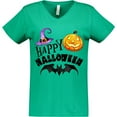 thumbnail image 3 of Inktastic Happy Halloween Bat, Witch Hat, Jack O Lantern Women's V-Neck T-Shirt, 3 of 5