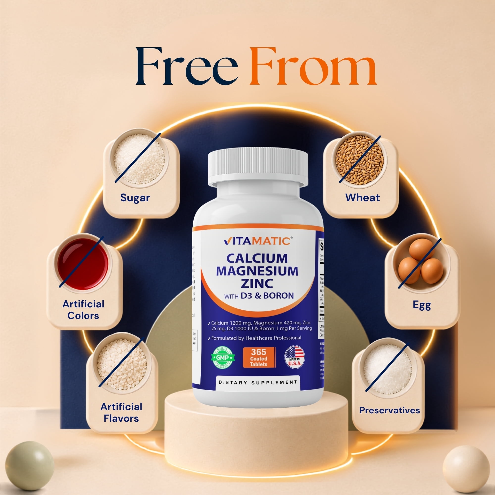 Vitamatic Calcium Magnesium Zinc D3 Boron | 365 Coated Tablets Supplement | Calcium 1200 mg, Magnesium 420mg, Zinc 25mg, Vitamin D3 1000 IU, Boron 1 mg | Non-GMO | Gluten Free | Made in USA