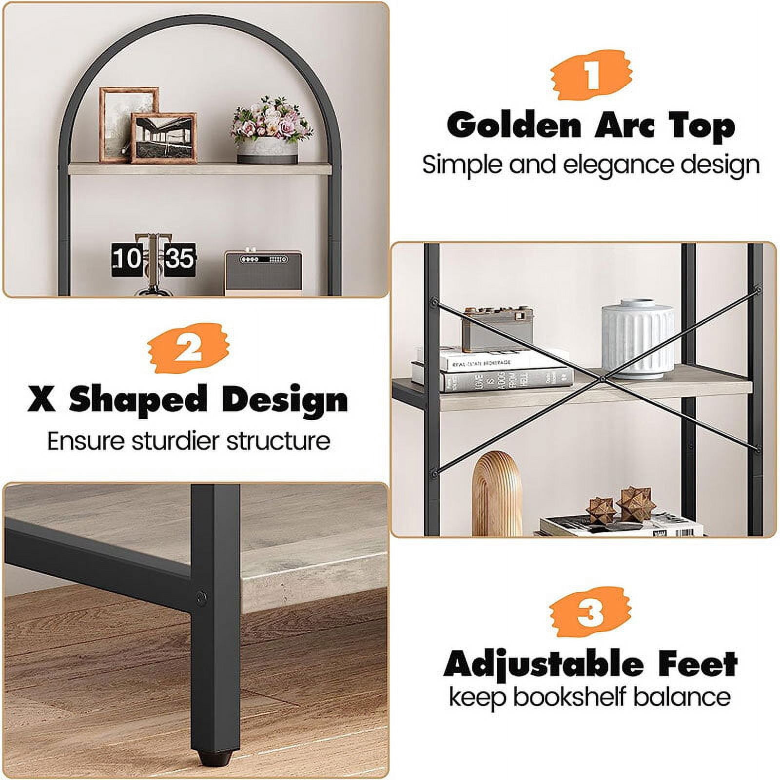 Yesfashion Bookshelf 5 Tier Bookcase Arched Display Racks Tall Standing Bookshelves Mental Frame Farmhouse Storage Rack Shelf Grey Book Shelf for Bedroom, Living Room, Home Office,Grey