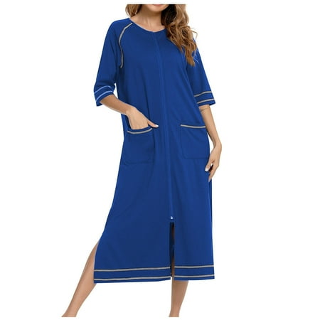Mrat Plus Size Lingerie Women Winter Warm Nightgown Plus Size Pajamas Womens Nightgowns Cotton Robe Nightdress Zip With Pokets Loose Pajamas Blue_A XXL
