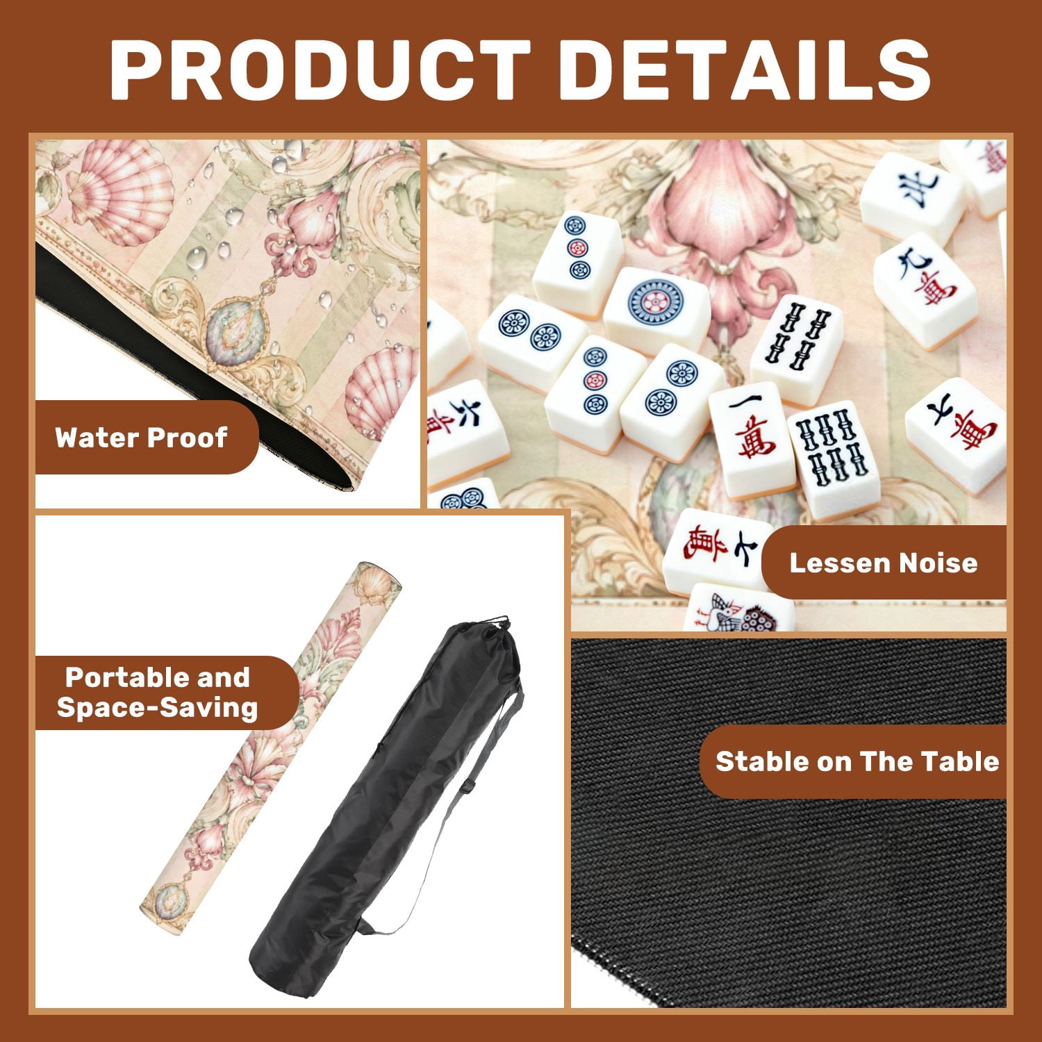 Mahjong Mat 31.5" x 31.5" Delicate Pastel Floral Shell Green Pink Stripes Non-Slip Noise Reduction Mahjong Tiles Table Cover for Dominoes Poker Card Board and Tile Games
